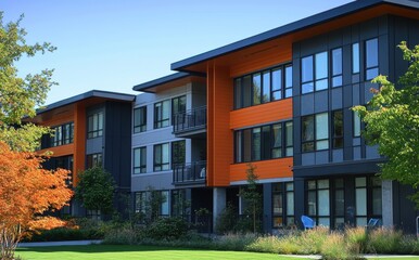 Fototapeta premium Modern Apartment Building with Vibrant Orange Accents Surrounded by Lush Green Landscaping and Clear Blue Skies in Urban Setting