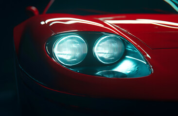 A stunning close-up of a red sports car showcasing its sleek LED headlight with intricate circular design and reflective detailing. Ideal for automotive, luxury, and technology themes.