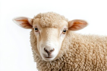 Adorable young sheep, fluffy fleece, curious gaze.