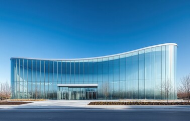 Modern Architectural Design of a Commercial Building Featuring a Sleek Glass Facade and Minimalist Aesthetic Under Clear Blue Skies in Daylight