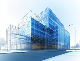 Modern Architectural Design of a Blue Glass Building Highlighting Innovative Structural Elements Against a Clear Sky and Urban Street Setting