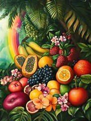 Vibrant tropical fruit still life glows with rainbow light. AI Generated