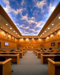 A high-tech courtroom equipped with digital displays, electronic evidence presentation systems, and modern seating arrangements,