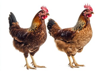 Fototapeta premium Two brown hens stand side by side.