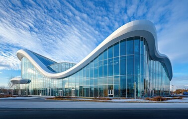 Fototapeta premium Modern architectural design of a sleek glass building with curved forms, reflecting blue sky and clouds in a contemporary urban landscape