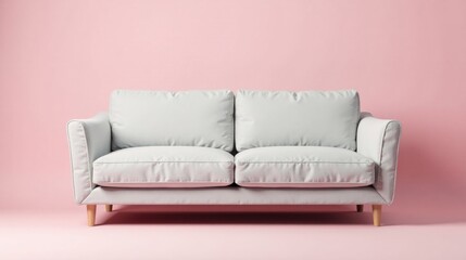 Naklejka premium A light grey fabric sofa with wooden legs sits against a pale pink background, offering a minimalist and serene aesthetic for home decor inspiration