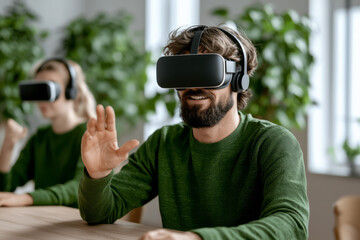 A modern classroom with a teacher using virtual reality headsets to immerse students in a foreign language-speaking environment,