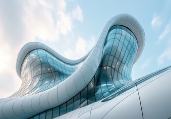 Modern architectural design showcasing a smooth, flowing exterior with expansive glass panels against a bright sky highlighting innovative urban development and creativity.