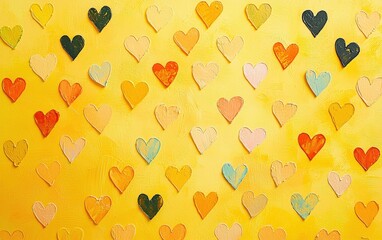 A cheerful yellow backdrop covered with numerous heart shapes in different shades, creating a lively, energetic scene.