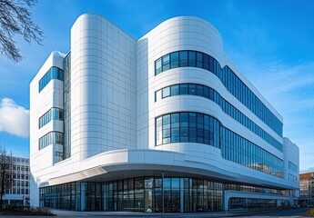 Modern architectural design showcasing a sleek, curved building exterior with large windows under a bright blue sky, representing innovative urban development and contemporary aesthetics.