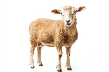 Fototapeta premium A young, light brown sheep stands against a white background.