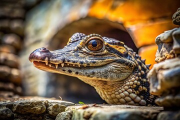 Obraz premium Close-up of Juvenile Chinese Alligator in Architectural Setting - Rare Reptile Portrait