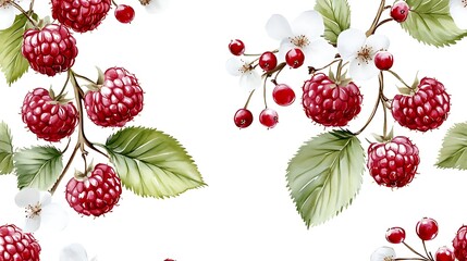 Watercolor Raspberries  Flowers  and Berries Seamless Pattern
