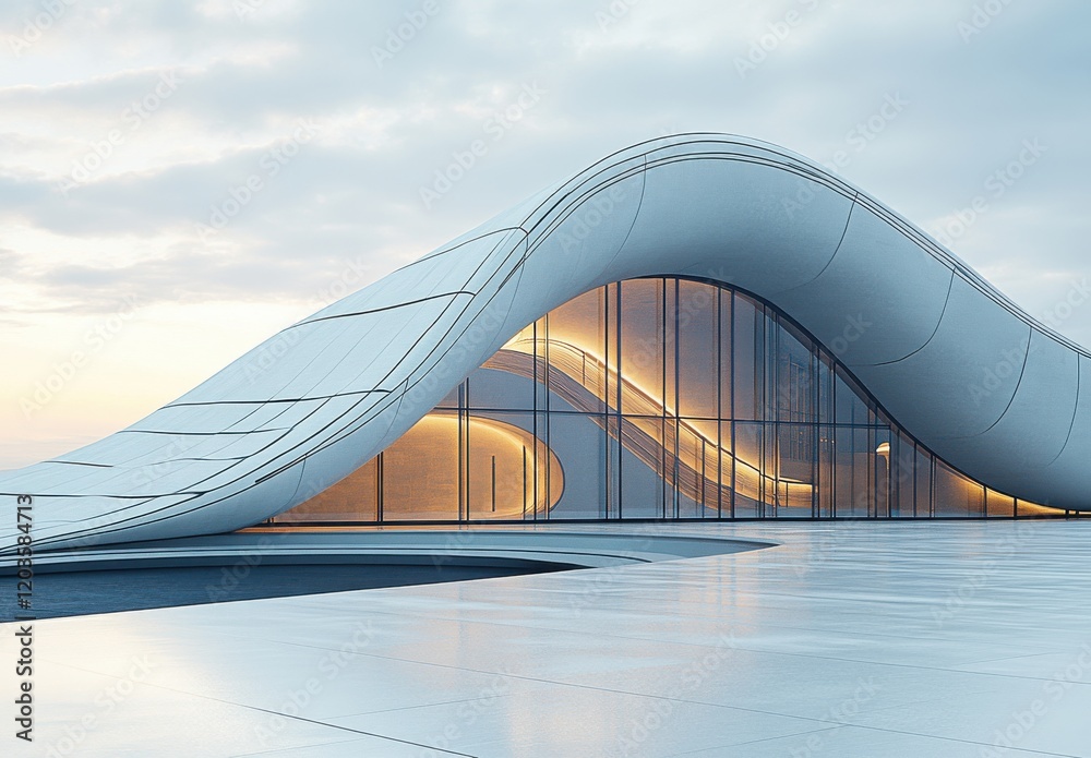 Poster modern architectural structure with flowing curves and smooth lines, featuring glass elements and a 