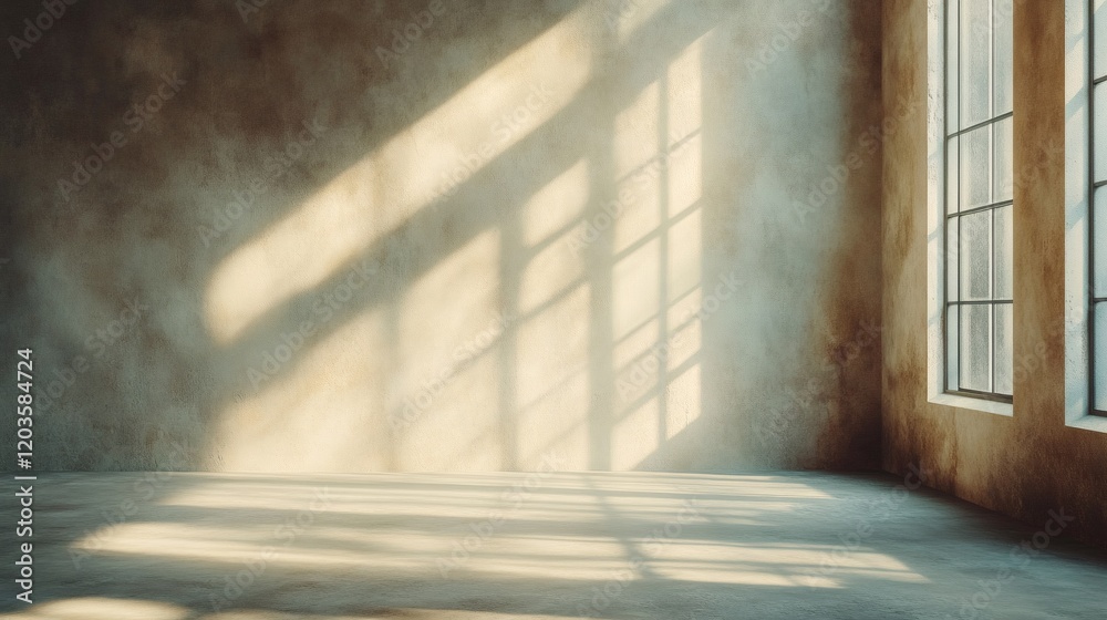 Poster sunlight streams through large window casting soft shadows on a beige wall in a modern studio creati