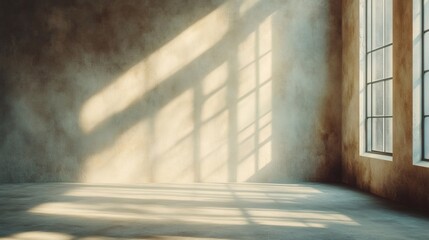 Sunlight streams through large window casting soft shadows on a beige wall in a modern studio creating an ethereal atmosphere with white rays illuminating the empty space