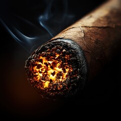 Closeup of burning cigar with glowing embers	