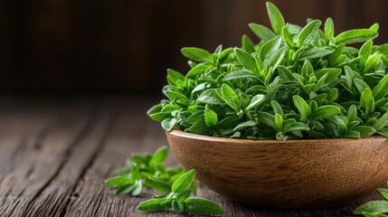 Fresh thyme in wooden bowl on rustic table. Cooking ingredient