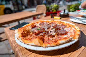Pizza on the table of a street cafe