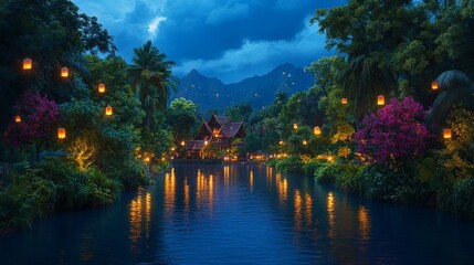 Fototapeta premium Serene Temple by the Riverside Under Glowing Lanterns