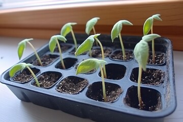 Seedlings Growing in Seed Tray Close Up