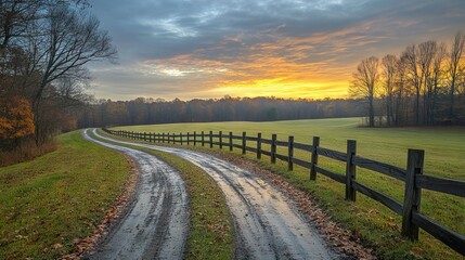 A peaceful country road winds through a field at sunrise, with a wooden fence alongside the wet path and a warm glow from the sky