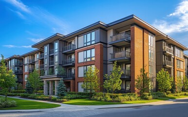 Fototapeta premium Modern residential apartment building with lush landscaping and clear blue sky, showcasing contemporary architecture in an urban setting