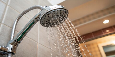 Close-Up Tilt-Shift of Chrome Showerhead Spraying Water in Tiled Bathroom