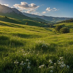 Fototapeta premium Create a realistic and vivid wallpaper featuring a lush green meadow. The scene should be filled with vibrant grass, wildflowers in various colors, and a clear blue sky above. 