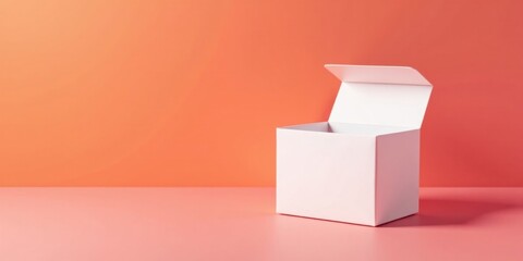 A partly opened blank white square box sits on a soft pink surface against a coral background, showcasing simple elegance and minimalist design