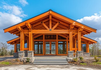 Modern Timber Frame House with Large Windows and Stone Foundation Surrounded by Landscaping in a Beautiful Natural Environment