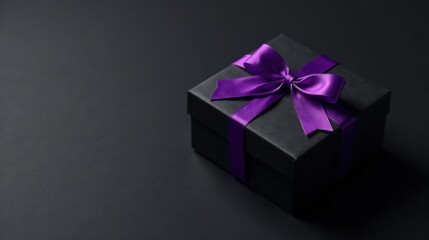 Obraz premium A luxuriously wrapped dark box with a rich purple ribbon, a mysterious gift awaiting its unveiling