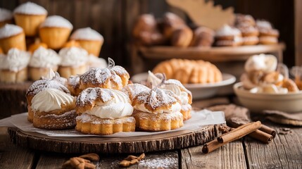 Warm light illuminates delicious pastries arranged artfully on rustic wood. AI Generated