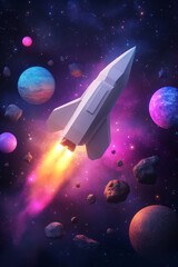A futuristic low-poly spaceship flying through a star-filled galaxy with glowing planets and asteroid fields,