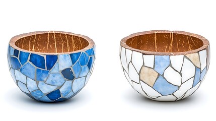 Mosaic Coconut Bowls  Blue   White  Handmade  Decor  Home Decor