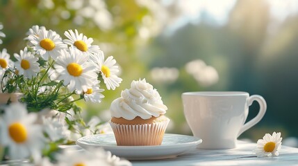Serene morning tea: Soft sunlight illuminates creamy cupcake and daisies. AI Generated