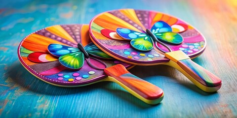 Obraz premium Colorful Butterfly Ping Pong Paddles with Copy Space - Fun Sports Equipment
