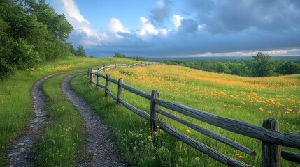 Scenic path through vibrant wildflower field with a wooden fence leading to a distant horizon under a cloudy sky