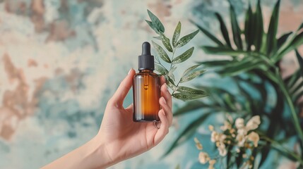 Hand displaying a luxury skincare serum, fingers holding the bottle to showcase the design and branding.
