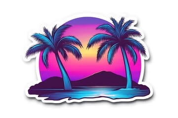 Vibrant Retro Sunset Island Scene Sticker Design