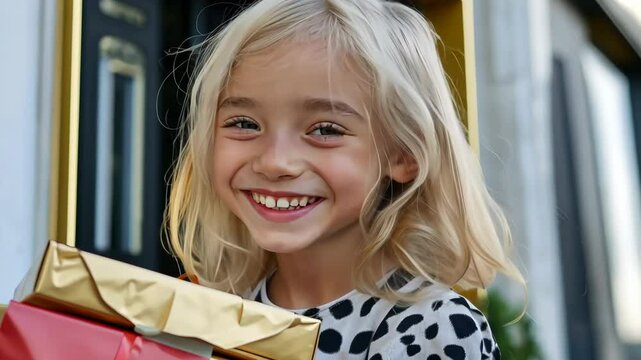 A young blonde girl is holding a stack of presents and smiling