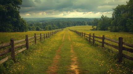 Fototapeta premium A picturesque dirt path lined with wooden fences meanders through a field of yellow wildflowers under a dramatic cloudy sky offering a serene rural scene