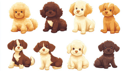 A group of cheerful puppies, including curly-haired poodles, sleek beagles