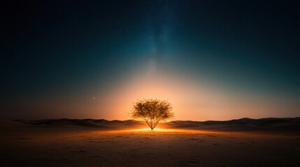 This captivating image showcases a tree illuminated against a backdrop of soft, dark desert hills and a clear starry sky, exuding a sense of magic and tranquility.