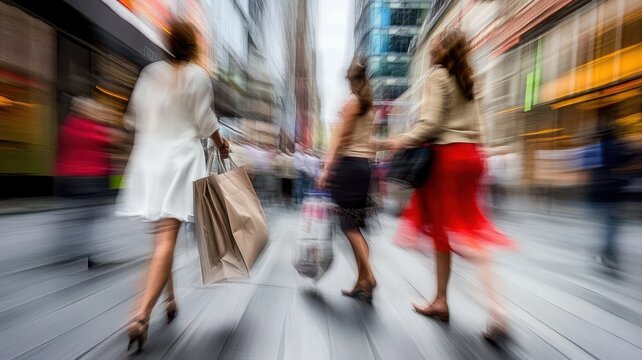 Blurred motion of shoppers on busy street, consumer's day.
