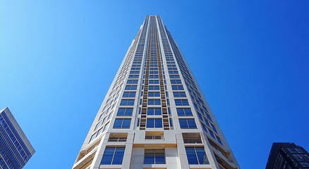 Obraz premium Tall Modern Skyscraper Reaching Towards a Clear Blue Sky with Urban Landscape Surrounding It, Capturing the Essence of Contemporary Architecture and City Life