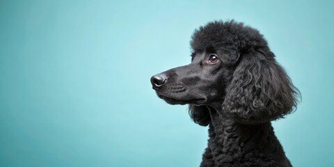 Minimalist Profile of a Black Poodle Gazing Away on a Soft Blue Pastel Background - Elegant Canine Photography for Pet Lovers, Home Decor, and Modern Art
