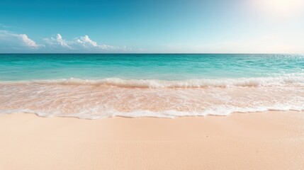 Obraz premium A captivating scene showcasing a bright blue ocean blending seamlessly with a clear sky, embodying the essence of a perfect beach day filled with vitality.