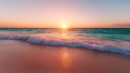 Fototapeta premium A breathtaking sunset illuminating the sky and ocean with vibrant colors, creating a romantic atmosphere on a peaceful beach and stirring deep emotions in viewers.