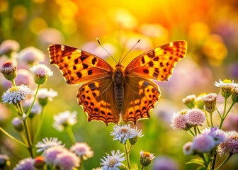 Obraz premium Comma Butterfly on Wildflowers, Vibrant Meadow Landscape Photography